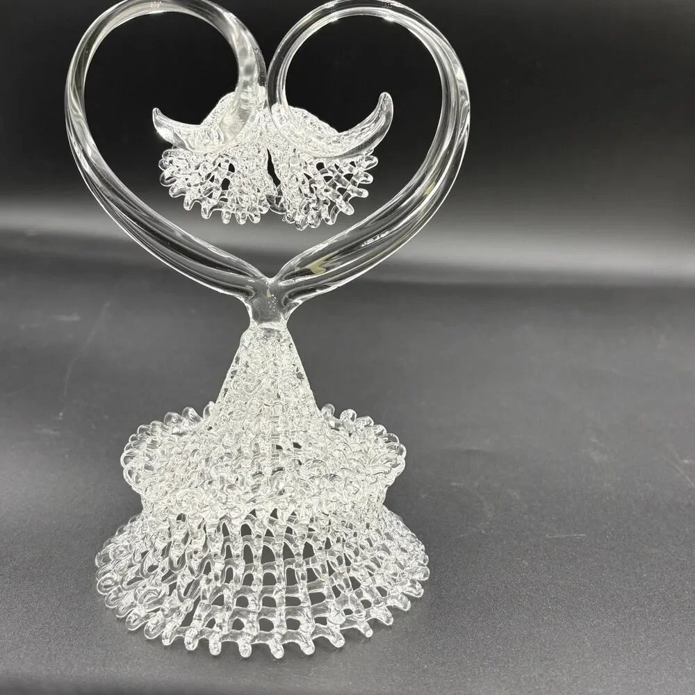 Vintage Hand Blown Ornate Glass Wedding Cake Topper Wedding Bells Heart 7”